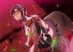  1girl asurada_yui black_gloves blue_hairband blurry blurry_background bodysuit breasts brown_hair floating_hair gloves green_eyes grin hairband highres long_hair low_twintails makinami_mari_illustrious neon_genesis_evangelion pink_bodysuit plugsuit rebuild_of_evangelion red-framed_eyewear red_background signature small_breasts smile solo twintails 