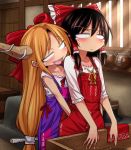  2girls bangs blush bow brown_hair grabbing hair_bow hair_tubes hakurei_reimu hands_in_pockets horn_ornament horn_ribbon horns hug hug_from_behind ibuki_suika long_hair low-tied_long_hair medium_hair multiple_girls orange_hair overalls red_bow ribbon shimizu_pem sidelocks suspenders tongue tongue_out touhou very_long_hair yuri 