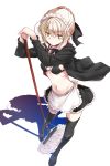  1girl apron artoria_pendragon_(all) artoria_pendragon_(swimsuit_rider_alter) bikini black_bikini black_bow black_coat black_jacket black_legwear black_swimsuit bow bowtie braid breasts choker coat fate/grand_order fate_(series) french_braid frilled_apron frilled_bikini frilled_choker frills highres hood hoodie jacket maid_bikini maid_headdress mop navel open_clothes open_hoodie over-kneehighs shibamine_takashi solo swimsuit thigh-highs waist_apron white_apron yellow_eyes 