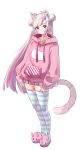  1girl animal_ear_fluff animal_ears cat_ears cat_tail commentary_request double_bun full_body highres hololive hood hood_down horns kemonomimi_mode long_hair long_sleeves looking_at_viewer nakiri_ayame namaonpa pink_hoodie red_eyes simple_background slippers solo standing striped striped_legwear tail thigh-highs virtual_youtuber white_background white_hair zettai_ryouiki 