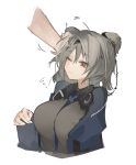  1girl absinthe_(arknights) animal_ears arknights bear_ears blush breasts eyebrows_visible_through_hair large_breasts light_brown_hair mikojin petting red_eyes short_hair solo 