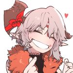  1girl axe axehorn_(ssambatea) blush bow closed_eyes commentary english_commentary facial_tattoo fingernails grey_hair hands_up head_tilt highres original pelt pointy_ears red_bow short_hair simple_background smile solo ssambatea tattoo white_background 