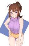  1girl ahoge bangs bare_arms bare_shoulders blue_background blunt_bangs breasts brown_hair buttons commentary_request cowboy_shot denim denim_shorts eyebrows_visible_through_hair green_scrunchie grin hair_ornament hair_scrunchie hand_on_hip hand_on_own_thigh highres idolmaster idolmaster_million_live! leaning_forward light_blush looking_at_viewer medium_breasts medium_hair minakami ponytail purple_sweater rectangle ribbed_sweater scrunchie short_shorts shorts sidelocks sleeveless_sweater smile solo standing sweater turtleneck turtleneck_sweater two-tone_background violet_eyes white_background yellow_shorts yokoyama_nao 