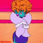  1girl :d animated animated_gif aqua_skin bare_shoulders big_hair breasts dragon_ball dragon_ball_z dress earrings elbow_gloves english_commentary fangs feather_boa gloves hebihime_(dragon_ball) highres huge_filesize impossible_clothes impossible_dress jewelry large_breasts looking_at_viewer open_mouth orange_hair pointy_ears purple_dress red_eyes smile solo standing twistedgrim white_gloves 