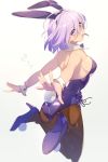  1girl animal_ears ass back bangs bare_shoulders breasts brown_legwear bunny_tail cis05 detached_collar fate/grand_order fate_(series) hair_over_one_eye highleg highleg_leotard jumping large_breasts legs leotard light_purple_hair looking_at_viewer looking_back mash_kyrielight open_mouth pantyhose playboy_bunny purple_leotard rabbit_ears short_hair sideboob simple_background tail violet_eyes white_background wrist_cuffs 