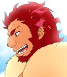  1boy backlighting beard blue_eyes cape chako_nejio close-up facial_hair fate/grand_order fate/zero fate_(series) flat_color from_side fur-trimmed_cape fur_trim iskandar_(fate) looking_at_another male_focus manly open_mouth red_eyes redhead short_hair simple_background smile solo teeth 