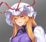  blonde_hair dress eyebrows_visible_through_hair gradient gradient_background grey_background hat hat_ribbon juliet_sleeves lips long_hair long_sleeves mob_cap open_mouth parted_lips puffy_sleeves red_ribbon ribbon simple_background smile tabard tarmo touhou white_dress yakumo_yukari yellow_eyes 