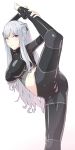  1girl ak-12_(girls_frontline) artificial_eye ass bangs black_ribbon blush braid eyebrows_visible_through_hair flexible from_side girls_frontline groin hair_ribbon hand_on_own_leg kageshio_(276006) long_hair mechanical_eye navel parted_lips ponytail ribbon shirt sidelocks silver_hair simple_background smile solo standing standing_on_one_leg taut_clothes taut_pants taut_shirt very_long_hair violet_eyes white_background 