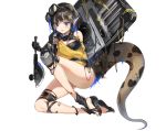  1girl absurdres arknights arm_strap bandeau bare_legs bare_shoulders black_hair black_scarf blue_eyes blue_hairband crocodilian_tail eunectes_(arknights) feet goggles goggles_on_head hairband highres holding holding_weapon looking_at_viewer sandals scarf shield short_hair snake_tail strapless tail tubetop weapon xiao_dingdang_nayo 
