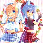  2girls :d ;d animal_ear_fluff animal_ears bangs beret black_gloves black_headwear black_shirt blue_eyes blue_hair blue_skirt blush borrowed_character bow breasts brown_hair cat_ears cat_girl cat_tail collared_shirt commentary_request elbow_gloves eyebrows_visible_through_hair fang flower food frilled_shirt_collar frills fruit gloves hair_between_eyes hair_ornament hairclip hand_up hands_up hat kouu_hiyoyo long_hair looking_at_viewer low_ponytail multiple_girls one_eye_closed open_mouth original plaid plaid_bow plaid_skirt pleated_skirt ponytail purple_bow red_bow red_eyes red_skirt shirt short_sleeves sidelocks skirt small_breasts smile star_(symbol) star_hair_ornament strawberry striped striped_background tail tail_raised vertical_stripes w white_bow white_flower white_gloves white_headwear white_shirt yellow_bow 