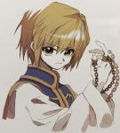  1boy blonde_hair closed_mouth graphite_(medium) hunter_x_hunter ka_(marukogedago) kurapika long_sleeves looking_at_viewer male_focus mixed_media short_hair solo tabard traditional_media upper_body wide_sleeves yellow_eyes 