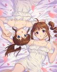  2girls :o ahoge bed_sheet blue_eyes blurry blurry_foreground brown_hair commentary depth_of_field dress drill_hair eyes from_above hair_ribbon hand_on_another&#039;s_face highres idolmaster idolmaster_million_live! kamille_(vcx68) light_blush looking_at_viewer lying medium_hair multiple_girls off-shoulder_dress off_shoulder on_back on_bed open_mouth parted_lips petals ponytail ribbon satake_minako short_dress short_hair side_drill side_ponytail sidelocks violet_eyes white_dress white_ribbon yokoyama_nao yuri 