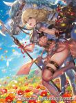  1girl blonde_hair blue_sky braid breastplate brown_eyes clouds company_name copyright_name faye_(fire_emblem) fire_emblem fire_emblem_cipher fire_emblem_echoes:_shadows_of_valentia flower gloves holding long_hair official_art open_mouth petals polearm senchat sky solo thigh_strap twin_braids weapon 