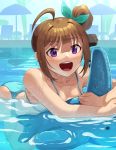  1girl :d ahoge bikini blue_bikini blue_ribbon blurry blurry_background commentary drill_hair droplet eyebrows_visible_through_hair hair_ribbon idolmaster idolmaster_million_live! inflatable_shark inflatable_toy kamille_(vcx68) leaning_forward looking_at_viewer open_mouth pool ribbon short_hair side_drill side_ponytail sidelocks smile solo swimming swimsuit violet_eyes water wet yokoyama_nao 