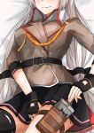  1girl absurdres asymmetrical_legwear belt black_belt black_gloves black_legwear black_skirt blush breasts brown_jacket closed_mouth flask girls_frontline gloves grey_hair hair_ribbon highres holding_flask holster huge_filesize jacket jewelry long_hair lying medium_breasts muteppona_hito on_back partly_fingerless_gloves ribbon ring shirt silver_hair simple_background skirt smile solo svd_(girls_frontline) thigh-highs uniform white_shirt 