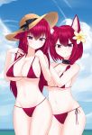  2girls absurdres animal_ear_fluff animal_ears azur_lane bikini black_choker breasts chitose_(azur_lane) chitose_(summer_shine)_(azur_lane) chiyoda_(azur_lane) chiyoda_(shimmering_surf)_(azur_lane) choker eyebrows_visible_through_hair flower hair_between_eyes hair_flower hair_ornament hat highres large_breasts long_hair looking_at_viewer micro_bikini min1910 multiple_girls red_bikini redhead short_hair side-tie_bikini string_bikini sun_hat swimsuit violet_eyes yellow_flower 