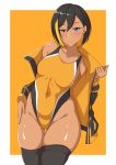  1girl black_hair black_legwear blonde_hair blue_eyes border breasts commentary_request competition_swimsuit covered_navel dark_skin heterochromia highleg highleg_swimsuit highres leaning_to_the_side looking_at_viewer multicolored_hair namamii one-piece_swimsuit orange_background orange_swimsuit original small_breasts solo streaked_hair swimsuit thigh-highs two-tone_background two-tone_hair two-tone_jacket white_border yellow_eyes 