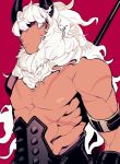  1boy :&lt; armlet armor asterios_(fate/grand_order) bangs black_horns black_sclera earrings fate/grand_order fate_(series) hair_between_eyes hoop_earrings horns jewelry long_hair male_focus mane muscle nipples pectorals red_background red_eyes sandato scar single_earring solo spikes upper_body white_hair 