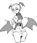 1girl ass bakkanki breasts demon_girl head_wings lilith_aensland looking_at_viewer monochrome panties school_uniform serafuku short_hair simple_background solo underwear vampire_(game) white_background