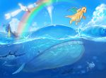  clouds commentary_request day dragonite gen_1_pokemon gen_2_pokemon gen_3_pokemon lapras mantine nagakura_(seven_walkers) no_humans outdoors pokemon pokemon_(creature) rainbow remoraid sky smile teeth wailord water wingull 