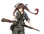  1girl alternate_costume antenna_hair arms_behind_back battle_rifle black_ribbon breasts brown_eyes brown_hair camouflage camouflage_pants camouflage_shirt commission cowboy_shot english_commentary girls_frontline gun haonfest_art highres m14 m14_(girls_frontline) pants pouch ribbon rifle small_breasts smile smoke_grenade solo twintails weapon white_background 