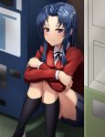  1girl angdo_(kakajo26) bangs black_legwear black_ribbon blue_hair blue_skirt blush breasts closed_mouth commentary_request crossed_arms feet_out_of_frame highres jacket kawashima_ami kneehighs legs_together long_hair long_sleeves looking_at_viewer miniskirt neck_ribbon oohashi_high_school_uniform parted_bangs pleated_skirt red_jacket ribbon school_uniform shirt sitting skirt solo toradora! vending_machine violet_eyes white_shirt 