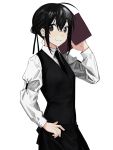  1girl ahoge apron bangs black_apron black_eyes black_hair black_neckwear black_vest hair_between_eyes highres holding long_sleeves necktie original shirt sidelocks simple_background smile solo tied_hair vest waist_apron white_background white_shirt xxxsoiu1 