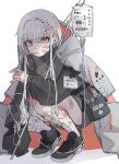  1girl badge bandages bandaid commentary first_aid_kit grey_hair grey_jacket hair_ornament hairclip highres intravenous_drip jacket long_sleeves open_clothes open_jacket original red_eyes shoes skirt sneakers squatting thermometer white_background yuduhi 
