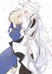  2girls albino artoria_pendragon_(all) asymmetrical_docking blonde_hair blue_eyes blush breast_press breasts cosmo_sssss fate/grand_order_arcade gloves hair_bun heart highres large_breasts long_hair merlin_(fate/prototype) multiple_girls petite red_eyes saber short_hair small_breasts white_hair yuri 