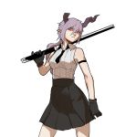  1girl absurdres bare_shoulders black_gloves black_skirt bright_pupils broken_horn check_copyright closed_mouth collared_shirt contrapposto copyright_request cowboy_shot curled_horns gloves gogalking highres holding holding_sword holding_weapon horns looking_at_viewer original over_shoulder pinky_out pleated_skirt ponytail purple_hair red_eyes shirt simple_background skirt solo standing sword sword_over_shoulder weapon weapon_over_shoulder white_background white_pupils white_shirt wing_collar 