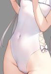  1girl bow breasts covered_navel frills grey_background leotard long_hair lower_body mignon original simple_background small_breasts solo white_hair white_leotard 