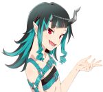  1girl akitetsu bangs belt beltbra black_hair blue_belt blue_hair chest_belt demon_girl demon_horns eyebrows_visible_through_hair fang flat_chest horns long_hair looking_at_viewer looking_to_the_side multicolored_hair no_jacket open_mouth pointy_ears red_eyes shishio_chris simple_background smile solo sugar_lyric transparent_background two-tone_hair upper_body virtual_youtuber 