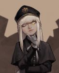  1girl black_capelet black_headwear blonde_hair braid bright_pupils capelet closed_mouth eyebrows_visible_through_hair gloves gogalking hat head_tilt highres long_sleeves looking_at_viewer military_hat smile solo uniform_girl_(gogalking) upper_body white_gloves white_pupils yellow_eyes 