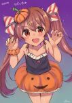  1girl black_tank_top brown_eyes brown_hair character_name commentary_request cowboy_shot curled_fingers dated halloween_costume hat jack-o&#039;-lantern kantai_collection leaning_forward libeccio_(kantai_collection) long_hair looking_at_viewer mini_hat night night_sky orange_scrunchie pumpkin_skirt scrunchie silica_(silica_silylate) sky solo tan tank_top twintails wrist_scrunchie 