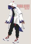  1boy alternate_costume black_pants character_name closed_mouth coat commentary_request dark_skin dark_skinned_male duraludon fingernails full_body gen_8_pokemon grey_background highres hood hood_up long_sleeves male_focus moge-hera pants pokemon pokemon_(game) pokemon_swsh raihan_(pokemon) shoes sleeves_past_wrists sneakers solo white_coat white_footwear zipper zipper_pull_tab 