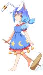  absurdres ambiguous_red_liquid animal_ears bare_legs barefoot blue_dress blue_hair bunny_tail crescent crescent_print dress ear_clip eyebrows_visible_through_hair full_body highres holding holding_mallet mallet ponytail puffy_short_sleeves puffy_sleeves rabbit_ears red_eyes seiran_(touhou) short_hair short_sleeves simple_background smoke star_(symbol) tail touhou tsuri_buta white_background 