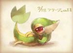  commentary_request dated full_body gen_5_pokemon hand_to_head highres looking_at_viewer lying nagakura_(seven_walkers) no_humans on_stomach open_mouth pokemon pokemon_(creature) red_eyes shiny snivy starter_pokemon tongue translation_request 