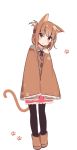  1girl animal_ears blush boots brown_eyes brown_hair cat_ears cat_tail ears_visible_through_hair fang highres inazuma_(kantai_collection) kantai_collection looking_at_viewer paw_print poncho solo tail yoru_nai 