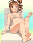  1girl ahoge bangs beach_chair bikini blush breasts brown_hair commentary drill_hair eyebrows_visible_through_hair feet frown grey_scrunchie hair_ornament hair_scrunchie idolmaster idolmaster_million_live! kamille_(vcx68) looking_at_viewer medium_breasts open_mouth pool scrunchie shadow short_hair side-tie_bikini side_drill side_ponytail sitting soles solo string_bikini swimsuit toes violet_eyes yokoyama_nao 