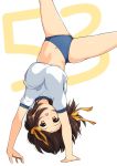  1girl breasts brown_eyes brown_hair buruma countdown eyebrows feet_out_of_frame gym_shirt handstand haruhisky highres medium_breasts navel number open_mouth shirt sidelocks solo suzumiya_haruhi suzumiya_haruhi_no_yuuutsu thighs upside-down white_background 
