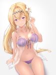  1girl arm_at_side ass_visible_through_thighs babydoll bangs bikini blonde_hair blush breasts chokuro closed_mouth collarbone commentary_request flower front-tie_bikini front-tie_top gradient gradient_background granblue_fantasy grey_background hair_between_eyes hair_flower hair_ornament hand_up highres jeanne_d&#039;arc_(granblue_fantasy) light_rays long_hair looking_at_viewer medium_breasts nail_polish navel ponytail purple_bikini purple_nails purple_ribbon revision ribbon see-through shiny shiny_hair side-tie_bikini sidelocks sitting smile solo spaghetti_strap stomach sunbeam sunlight swimsuit tareme thigh_gap thighs under_boob very_long_hair violet_eyes white_flower white_ribbon 
