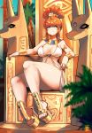  1girl armlet bangs blunt_bangs blurry blurry_background blurry_foreground crown earrings egyptian_clothes hair_bun highres jewelry kenron_toqueen leaf long_hair original parted_lips platform_footwear redhead sandals sidelocks signature sitting smile solo sparkle statue thick_thighs thighs throne tomatita 