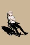  1girl absurdres black_footwear black_pants chair closed_mouth crossed_arms frown gogalking green_eyes grey_hair highres office_chair original pants pen pencil_mustache ponytail reclining shadow shirt short_sleeves simple_background solo white_shirt yellow_background 