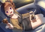  1girl ahoge bangs between_breasts black_dress black_ribbon blurry blurry_background bracelet breasts brown_cardigan brown_hair car car_interior cardigan depth_of_field dress drill_hair dutch_angle eyebrows_visible_through_hair food ground_vehicle hair_ribbon holding holding_food idolmaster idolmaster_million_live! jewelry kamille_(vcx68) long_sleeves looking_at_viewer medium_breasts motor_vehicle offering open_mouth pencil_dress ribbon seatbelt short_dress short_hair side_drill side_ponytail sitting smile solo spaghetti_strap striped striped_dress takoyaki violet_eyes yokoyama_nao 