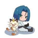  1boy blue_hair cat chibi gen_1_pokemon green_eyes james_(pokemon) meowth pokemon pokemon_(anime) pokemon_(creature) pomme_azm2 sad tears 