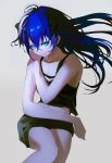  1girl absurdres arknights bad_arm bangs bare_arms bare_shoulders black_tank_top blue_eyes blue_hair commentary_request grey_background hair_between_eyes highres horns long_hair looking_at_viewer mackia mostima_(arknights) navel simple_background smile solo tank_top 