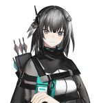  1girl arknights arrow_(projectile) bangs black_choker black_eyes black_hair breasts choker cloak feathers greythroat_(arknights) hair_feathers headgear highres quiver short_hair sidelocks simple_background solo upper_body white_background xxxsoiu1 