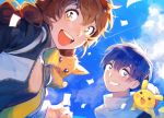  1boy 1girl 43_pon blue_eyes blue_hair blue_sky brown_hair clouds commentary confetti eevee gen_1_pokemon gotcha! gotcha!_boy_(pokemon) gotcha!_girl_(pokemon) hat highres jacket long_hair on_shoulder open_mouth pikachu pokemon pokemon_(creature) pokemon_on_shoulder sky smile tied_hair twintails 