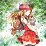  1girl black_legwear blue_eyes brown_hair closed_mouth cowboy_shot crossed_arms eyewear_on_headwear floating_hair grey_shirt hat high-waist_skirt highres long_hair looking_at_viewer low-tied_long_hair miniskirt pleated_skirt pokemon pokemon_(game) pokemon_xy red_headwear red_skirt serena_(pokemon) shirt skirt sleeveless sleeveless_shirt solo standing sunglasses thigh-highs very_long_hair white-framed_eyewear yomogi_(black-elf) zettai_ryouiki 