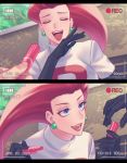  1girl absurdres battery_indicator black_gloves blue_eyes closed_eyes commentary_request dated earrings elbow_gloves eyelashes gi_xxy gloves hand_up highres holding holding_pen jessie_(pokemon) jewelry lipstick long_hair makeup number open_mouth pen pokemon pokemon_(anime) recording red_lips redhead team_rocket team_rocket_uniform teeth tongue turtleneck upper_body viewfinder 